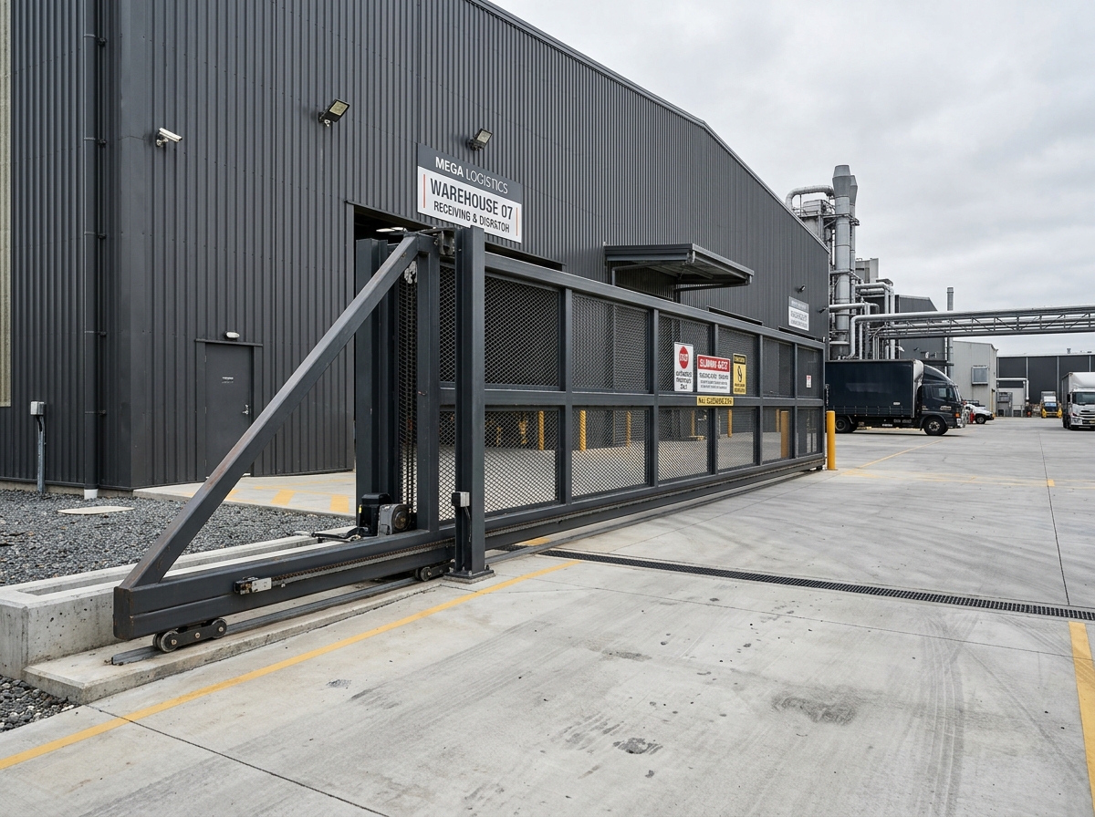 Portón corredizo pesado para acceso a nave industrial y predio logístico