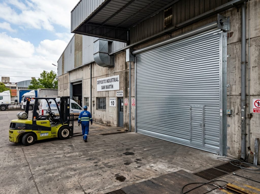 Gran cortina metálica reforzada instalada en depósito industrial de 6 metros de ancho