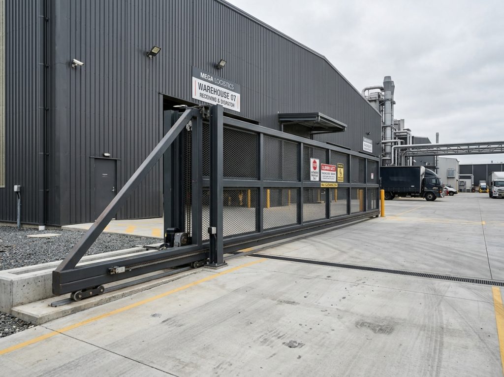 Portón corredizo pesado automatizado para nave industrial y predio logístico